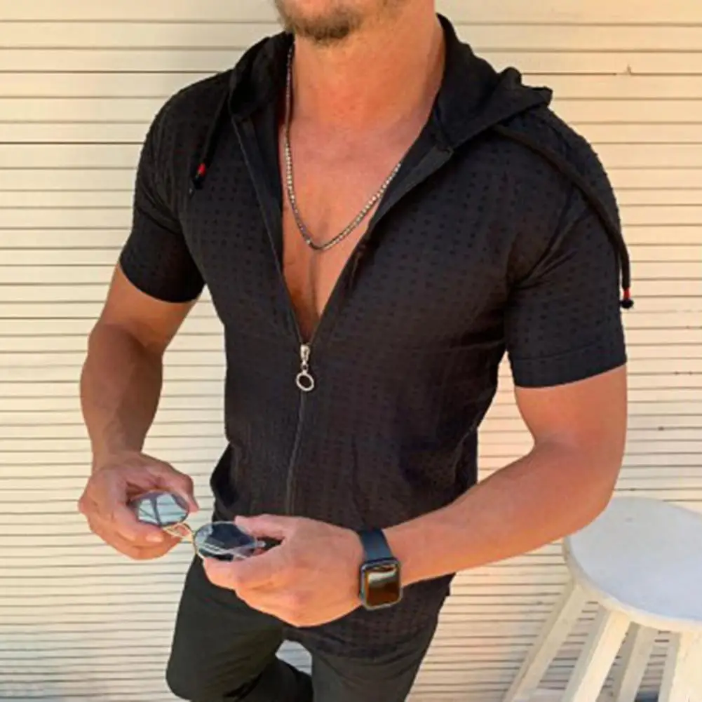 Men Short Sleeve T-shirt Hooded Zipper Plaid Print Summer T-shirt Streetwear Mens Short Sleeve T-shirt Pullover
