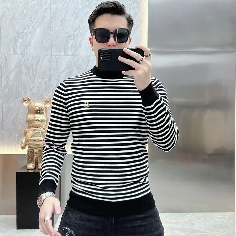 Men Clothing Autumn Winter Korean Fashion Striped Embroidery Long Sleeve T-shirt Y2K Male Casual O Neck Slim Basic Pullover Tops