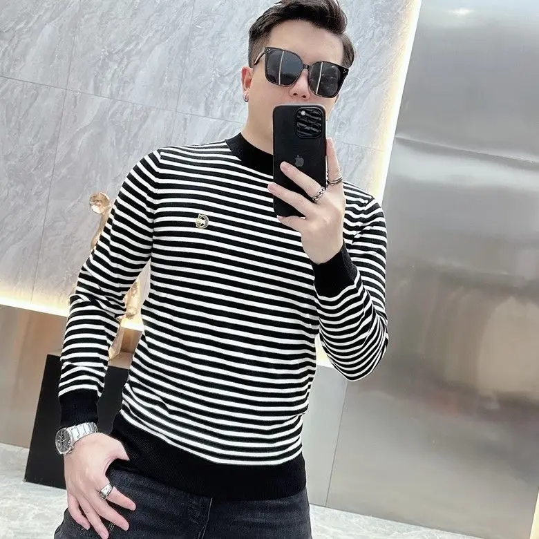 Men Clothing Autumn Winter Korean Fashion Striped Embroidery Long Sleeve T-shirt Y2K Male Casual O Neck Slim Basic Pullover Tops