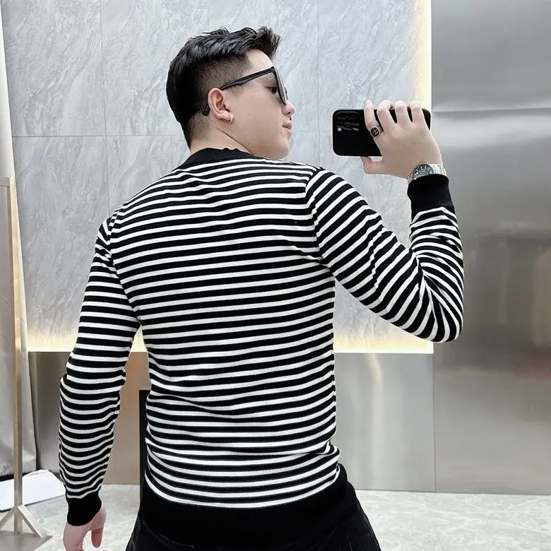 Men Clothing Autumn Winter Korean Fashion Striped Embroidery Long Sleeve T-shirt Y2K Male Casual O Neck Slim Basic Pullover Tops