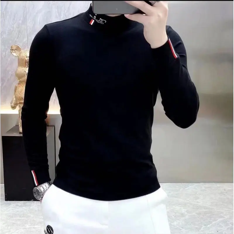 Winter Men's T-Shirt Long-Sleeved Velvet Thickeneded Sweatshirt Fashionable Personalized Bottoming Shirt White Half Turtleneck Top T-Shirt Thick Warm and Handsome Men's Top Black