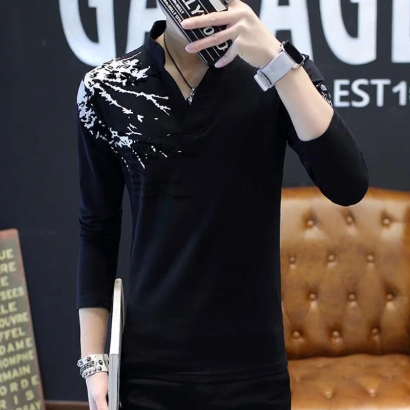 Stand Collar Man Pullovers Tight Bulk Spring Tops Sweatshirts Elasticity Designer Casual Social Quotes Slim Fit T Shirt for Men