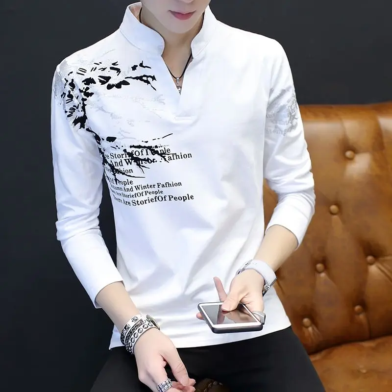 Stand Collar Man Pullovers Tight Bulk Spring Tops Sweatshirts Elasticity Designer Casual Social Quotes Slim Fit T Shirt for Men