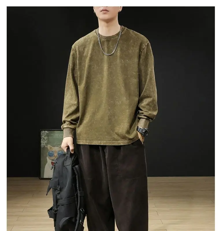 240G Heavy Washed-out Vintage Pure 100% Cotton Long-Sleeve T-shirt Men and Women Loose Spring and Autumn round Neck Sweater