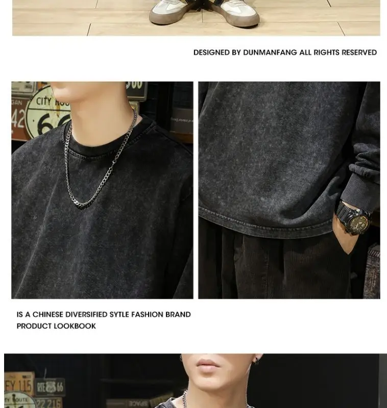 240G Heavy Washed-out Vintage Pure 100% Cotton Long-Sleeve T-shirt Men and Women Loose Spring and Autumn round Neck Sweater