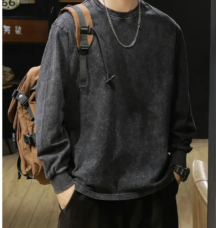 240G Heavy Washed-out Vintage Pure 100% Cotton Long-Sleeve T-shirt Men and Women Loose Spring and Autumn round Neck Sweater