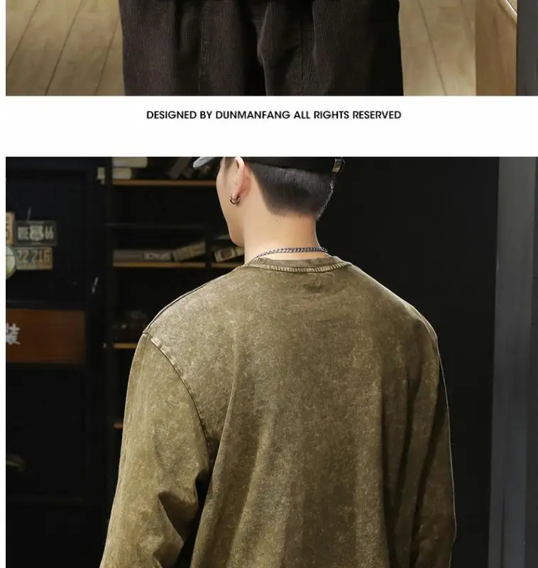240G Heavy Washed-out Vintage Pure 100% Cotton Long-Sleeve T-shirt Men and Women Loose Spring and Autumn round Neck Sweater