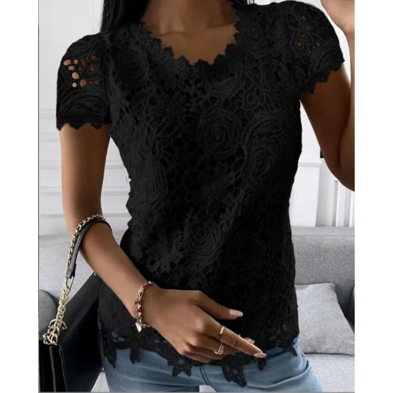 Lace T Shirt Women Elegant Casual Tshirt Woman Clothing Summer Fashion Tops Tee Vintage Clothes Streetwear Solid T-Shirts Blusas Lace T Shirt Women Elegant Casual Tshirt Woman Clothing Summer Fashion Tops Tee Vintage Clothes Streetwear Solid T-Shirts Blusas