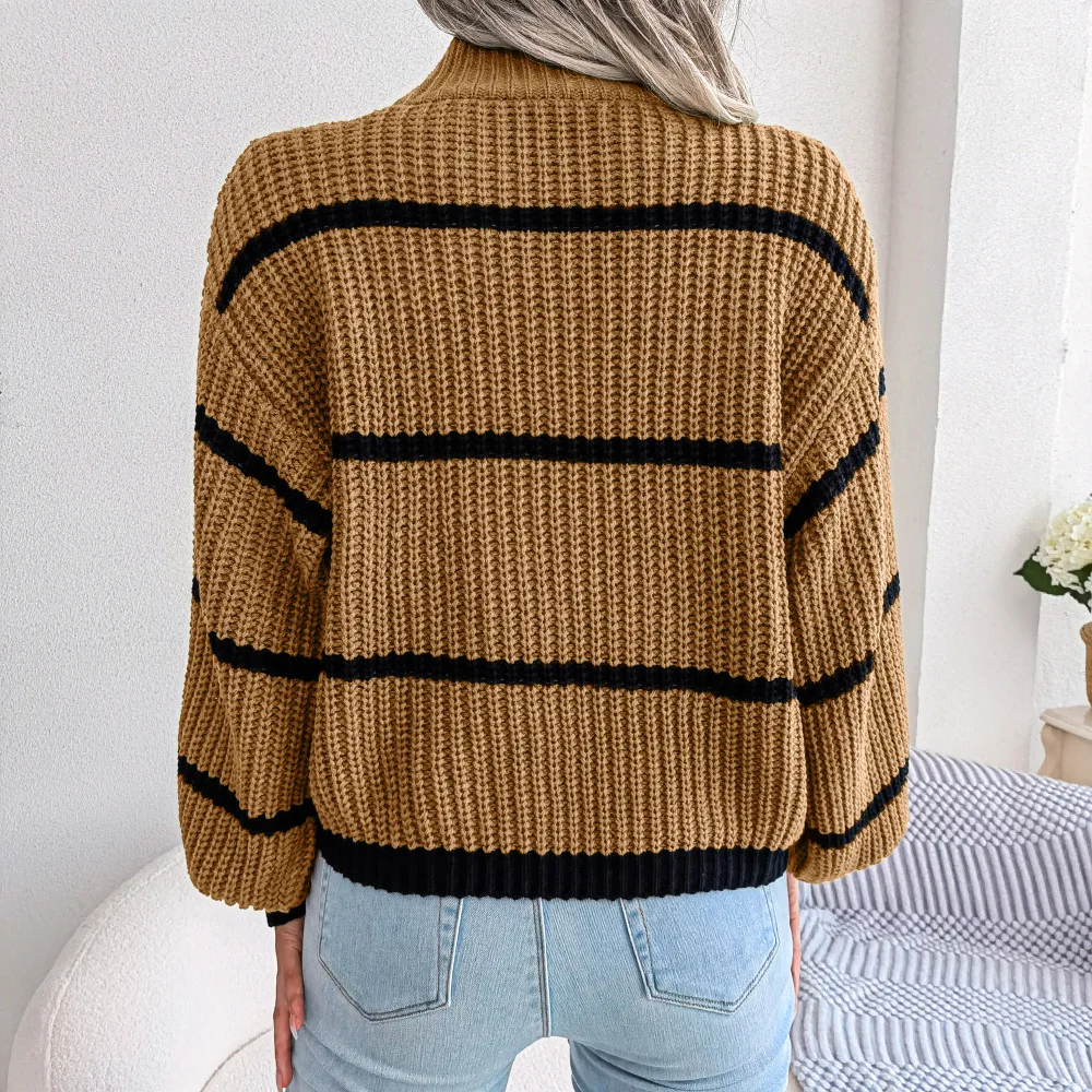 Autumn Winter Stripe Sweaters Pullovers Women New Solid Color Long Sleeved Jumpers Fashion High Neck Warm Pullover Knitwears Top Autumn Winter Stripe Sweaters Pullovers Women New Solid Color Long Sleeved Jumpers Fashion High Neck Warm Pullover Knitwears Top