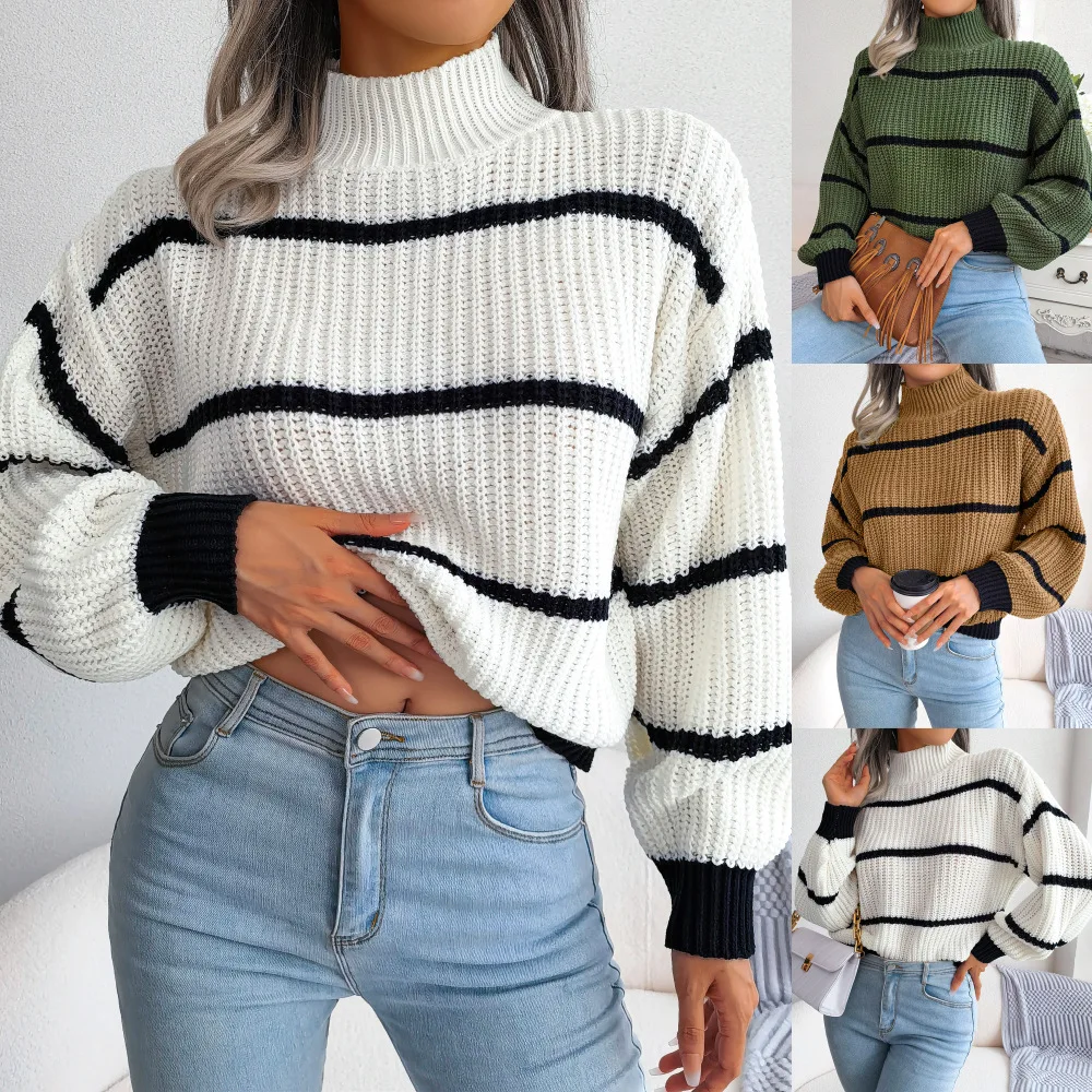 Autumn Winter Stripe Sweaters Pullovers Women New Solid Color Long Sleeved Jumpers Fashion High Neck Warm Pullover Knitwears Top Autumn Winter Stripe Sweaters Pullovers Women New Solid Color Long Sleeved Jumpers Fashion High Neck Warm Pullover Knitwears Top