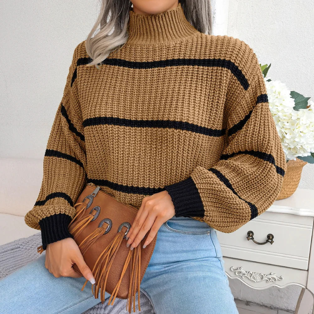 Autumn Winter Stripe Sweaters Pullovers Women New Solid Color Long Sleeved Jumpers Fashion High Neck Warm Pullover Knitwears Top Autumn Winter Stripe Sweaters Pullovers Women New Solid Color Long Sleeved Jumpers Fashion High Neck Warm Pullover Knitwears Top