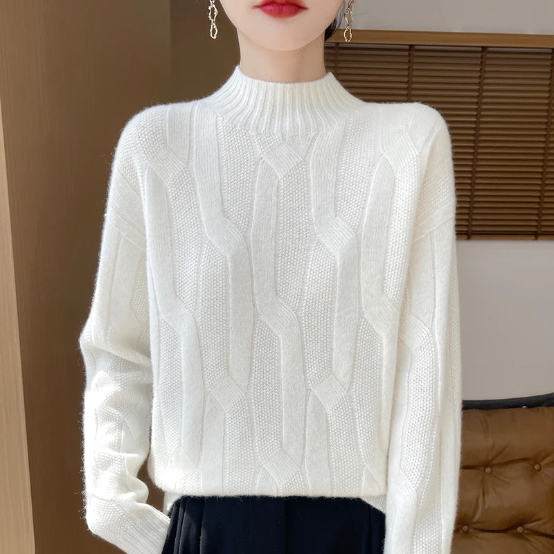 New Fashion Autumn And Winter Merino Wool Pullover Sweater Solid Color Long Sleeve Basic Thermal Top 100% Pure Wool SweaterWQ701