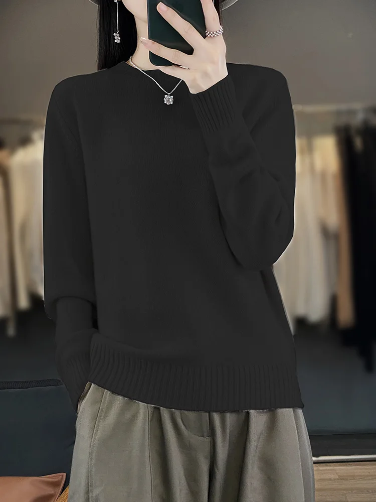 100% Merino Wool Women's Pullover Sweater Round Neck Autumn Winter Thick Warm Casual Base Knitted Cashmere Sweater 100% Merino Wool Women's Pullover Sweater Round Neck Autumn Winter Thick Warm Casual Base Knitted Cashmere Sweater