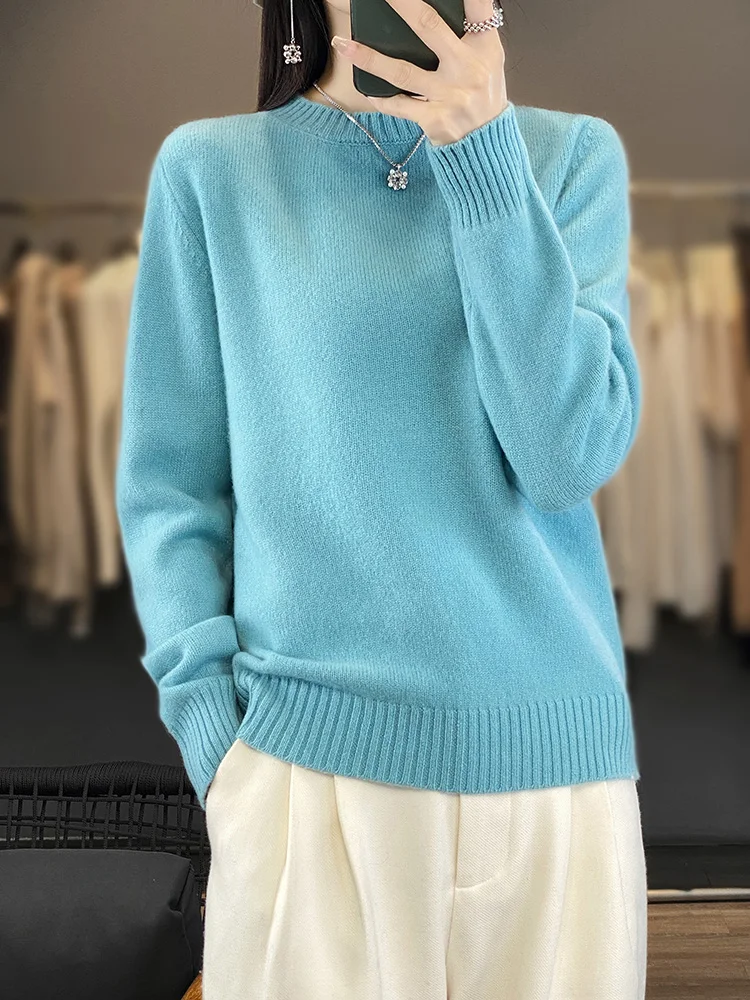 100% Merino Wool Women's Pullover Sweater Round Neck Autumn Winter Thick Warm Casual Base Knitted Cashmere Sweater