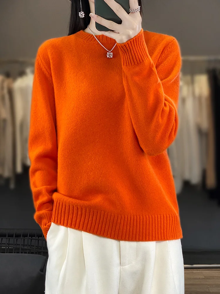 100% Merino Wool Women's Pullover Sweater Round Neck Autumn Winter Thick Warm Casual Base Knitted Cashmere Sweater