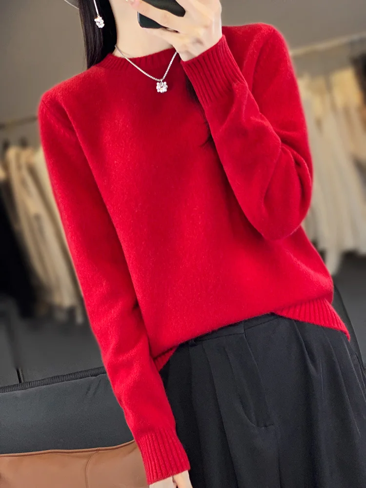 100% Merino Wool Women's Pullover Sweater Round Neck Autumn Winter Thick Warm Casual Base Knitted Cashmere Sweater